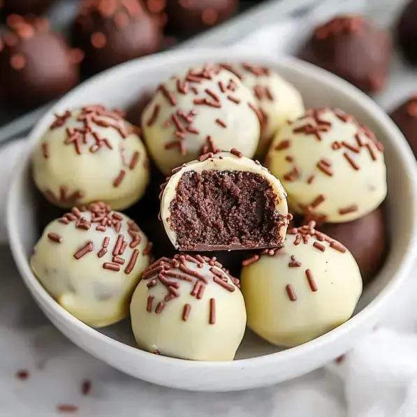 A bowl of chocolate truffles with a bite taken out of one, revealing a rich chocolate filling, and topped with chocolate sprinkles.