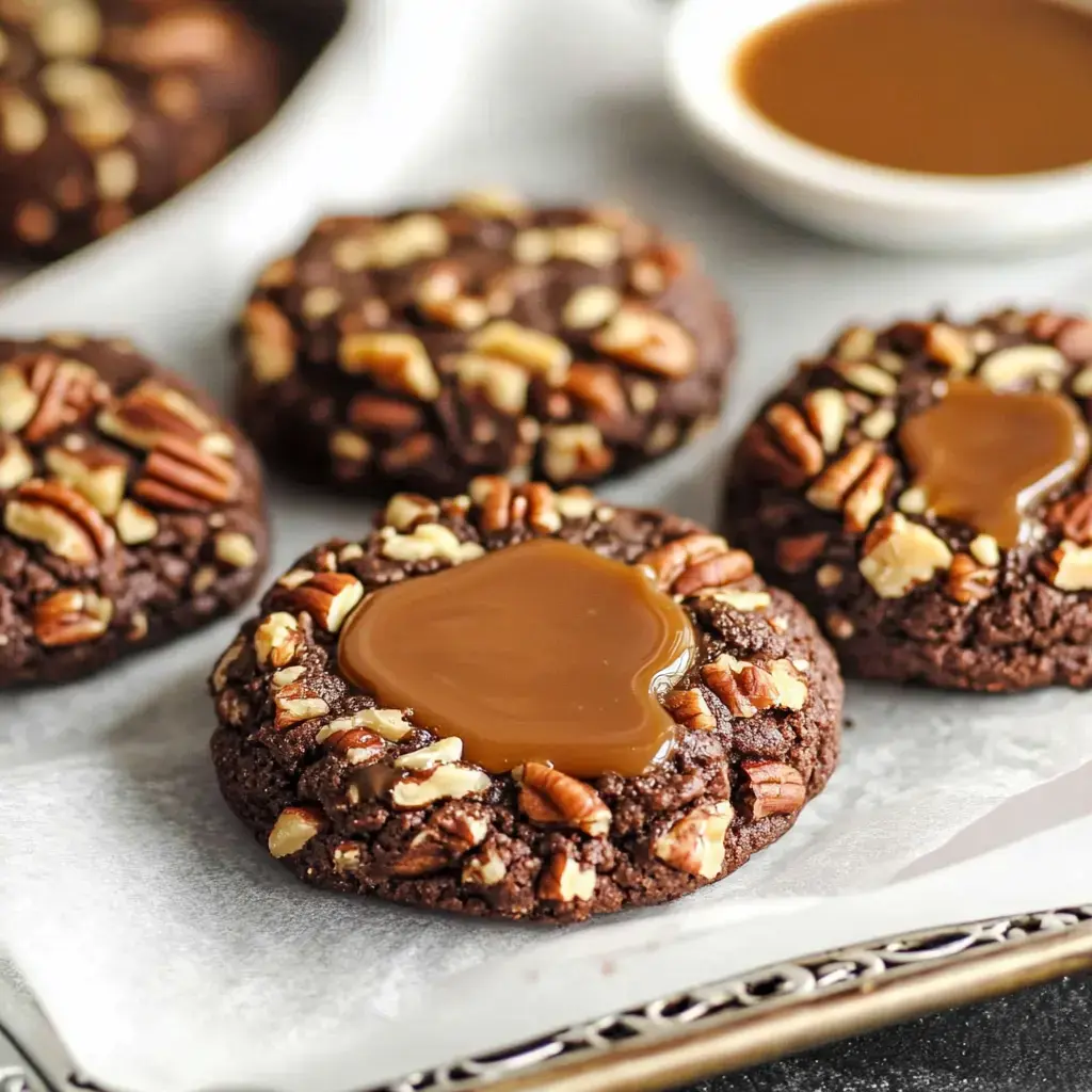 A close-up of chocolate cookies topped with caramel and sprinkled with chopped pecans.