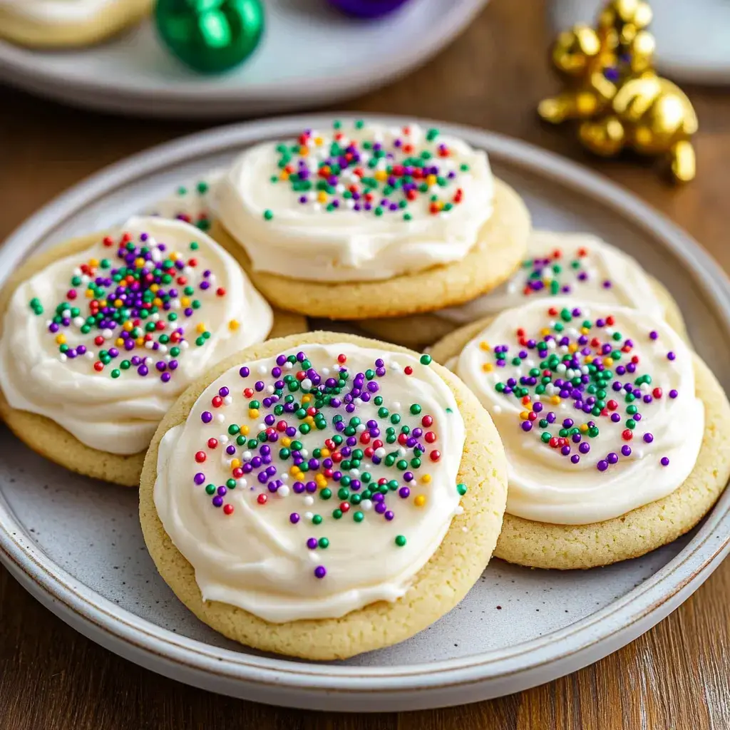 A plate of frosted sugar cookies decorated with colorful sprinkles.