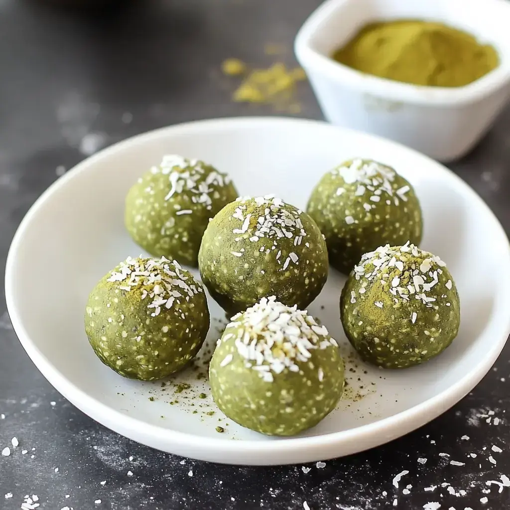 A plate of six green energy balls sprinkled with shredded coconut, with a small bowl of matcha powder in the background.