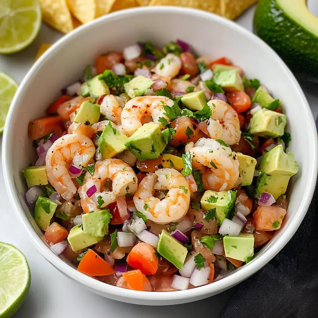 A bowl of shrimp ceviche with diced avocado, tomatoes, onions, and chopped cilantro, surrounded by lime and tortilla chips.