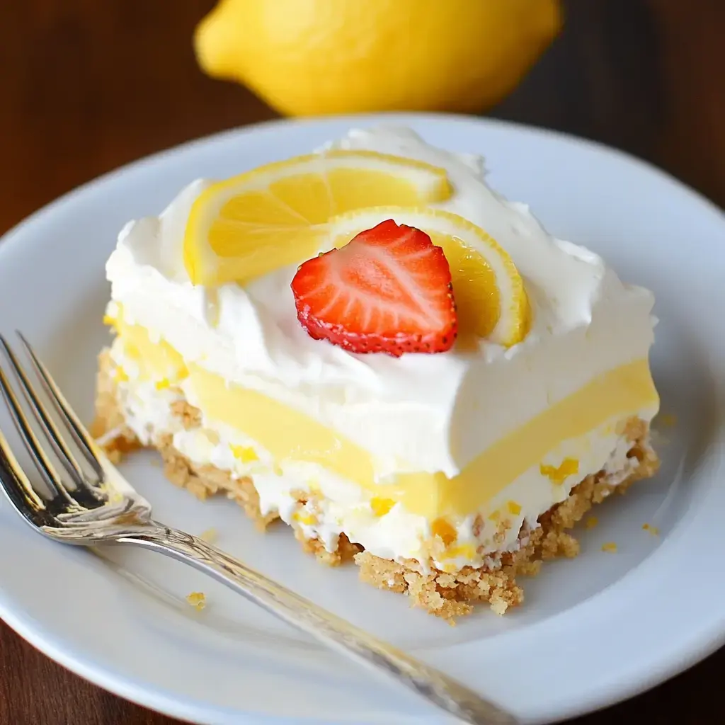 A slice of lemon dessert with layers of lemon filling and whipped cream, topped with lemon slices and a strawberry, served on a white plate with a fork.