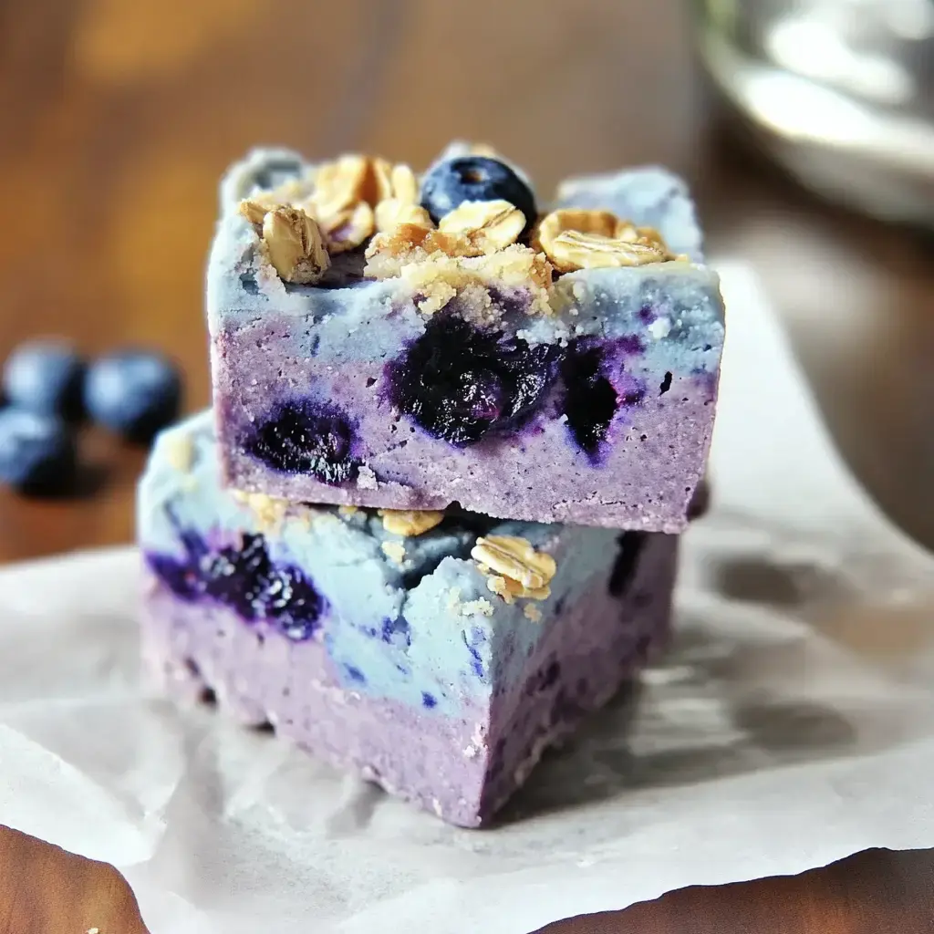 Two layered blueberry dessert bars topped with oats, resting on a piece of parchment paper, with fresh blueberries scattered nearby.