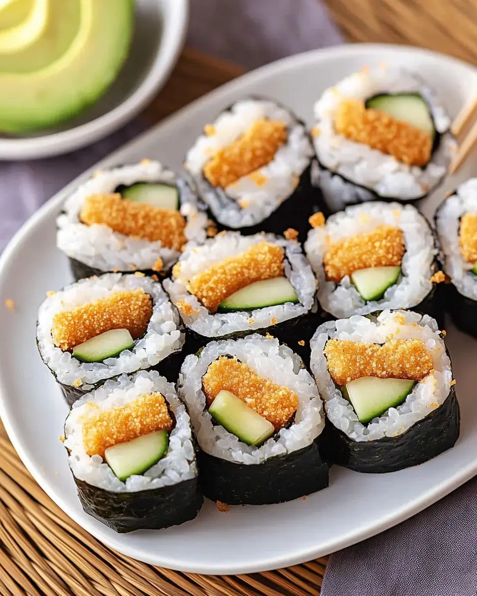 A white plate holds several pieces of sushi rolls containing cucumber and crispy fish, with a slice of lime in the background.