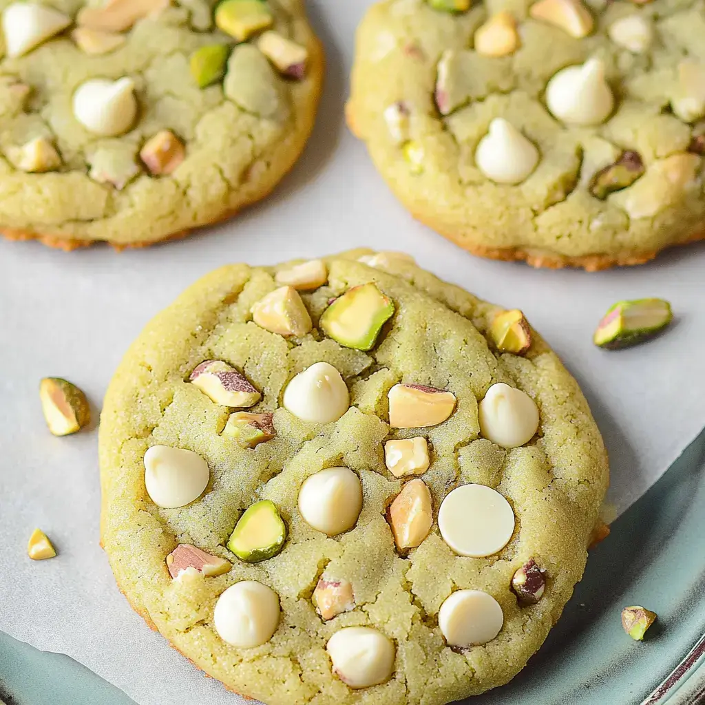 Three greenish cookies studded with white chocolate chips and chopped pistachios are displayed on parchment paper.