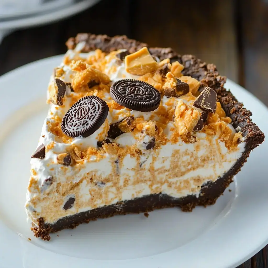 A slice of dessert pie layered with whipped cream, chocolate pieces, and topped with Oreos and crushed candy, served on a white plate.