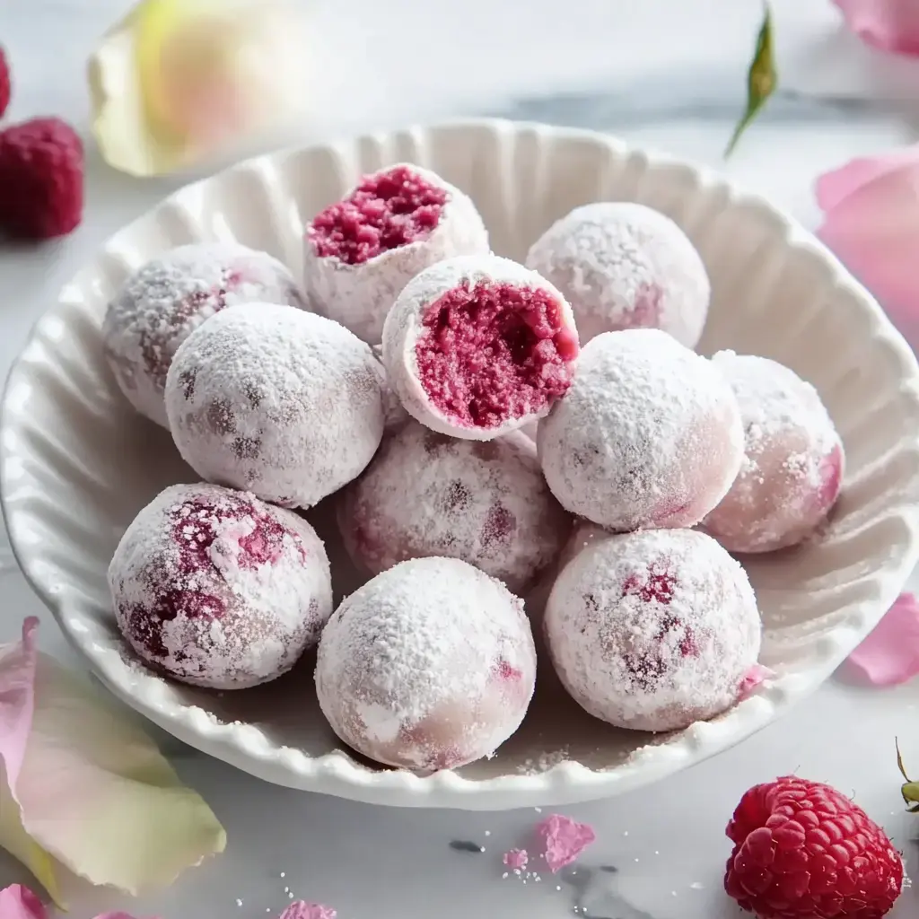 A plate of round, pink dessert balls dusted with powdered sugar, with one ball bitten to reveal a bright pink interior, surrounded by raspberries and flower petals.