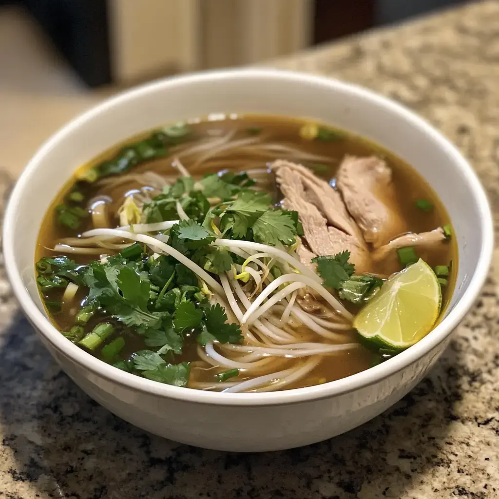 A bowl of soup filled with noodles, chicken, fresh herbs, bean sprouts, and a lime wedge, placed on a granite countertop.