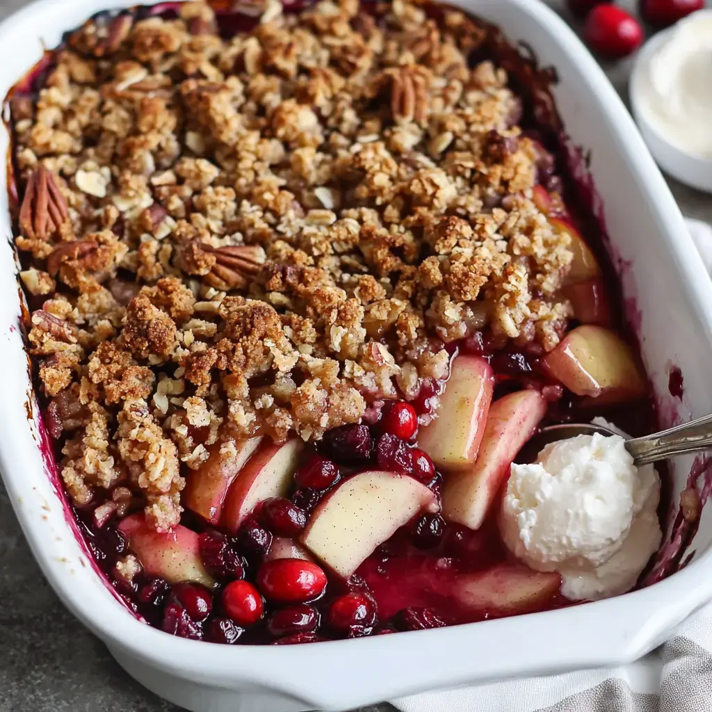 A baked dessert featuring a crumb topping over a mixture of sliced apples and cranberries, with a spoonful of whipped cream on the side