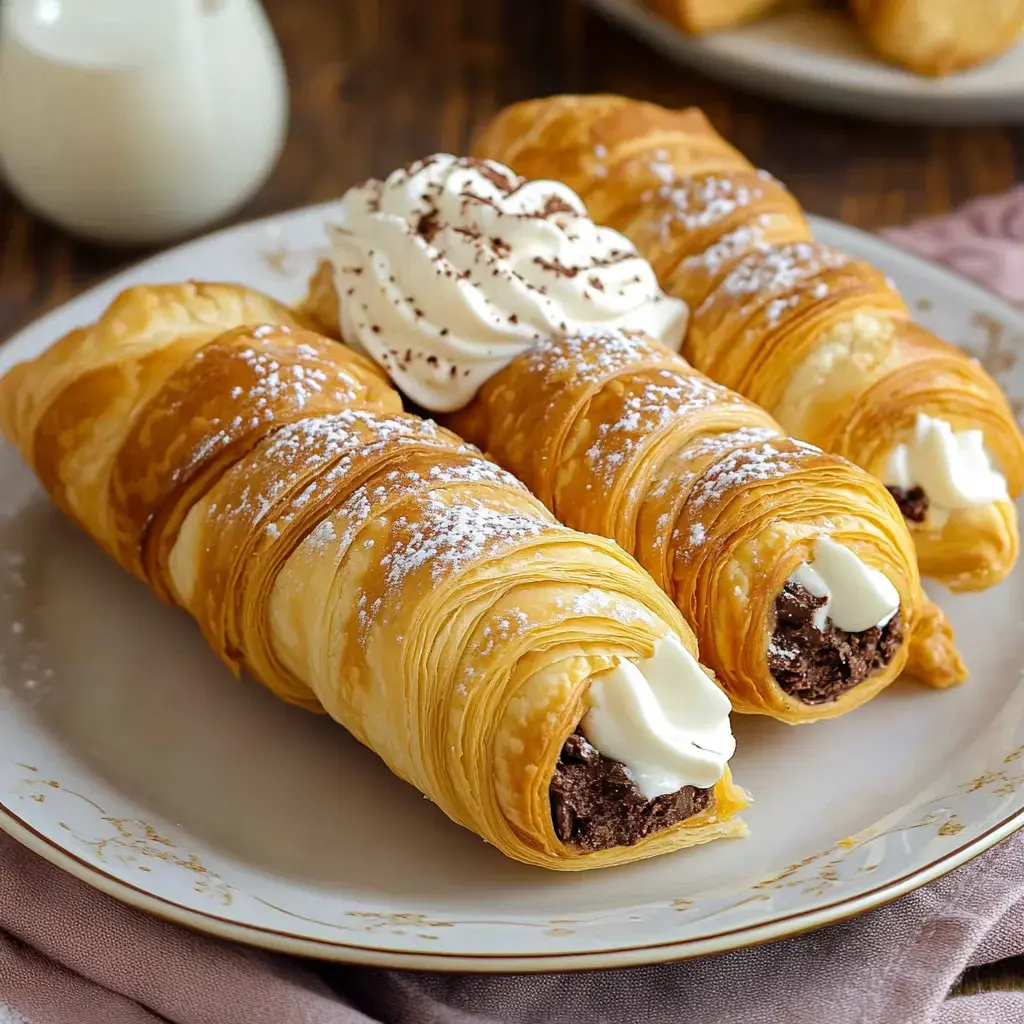 A plate of three flaky pastry rolls filled with chocolate cream and topped with whipped cream and powdered sugar.