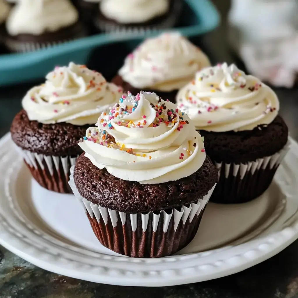 A plate of chocolate cupcakes adorned with swirls of white frosting and colorful sprinkles.