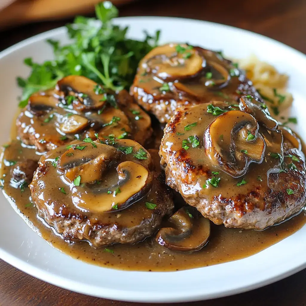 A plate of four beef patties topped with mushroom gravy and garnished with parsley, accompanied by a side of greens.