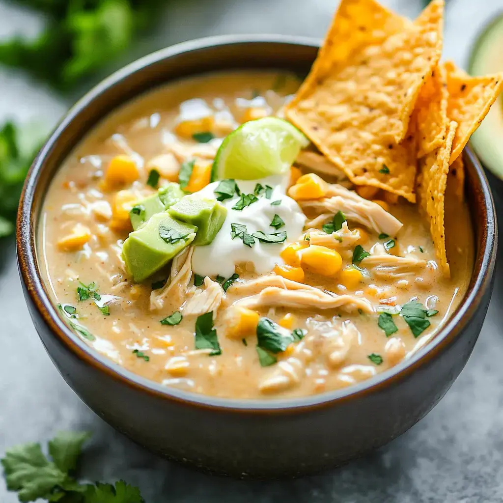 A bowl of creamy chicken soup topped with corn, avocado, sour cream, fresh cilantro, and tortilla chips.