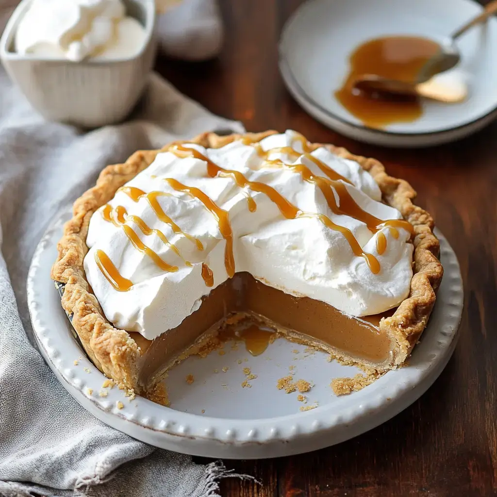 A creamy pie topped with whipped cream and caramel drizzle, with a slice removed to reveal the smooth filling.