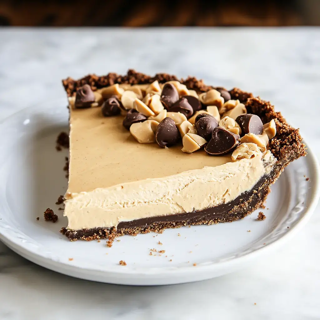 A slice of no-bake peanut butter pie topped with chocolate chips and peanuts on a white plate.