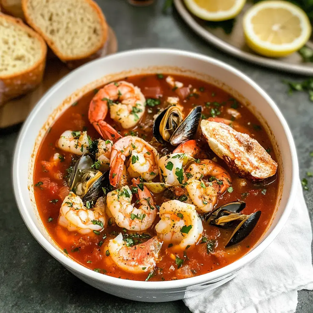 A bowl of seafood stew featuring shrimp, mussels, and herbs, accompanied by slices of bread and lemon wedges.