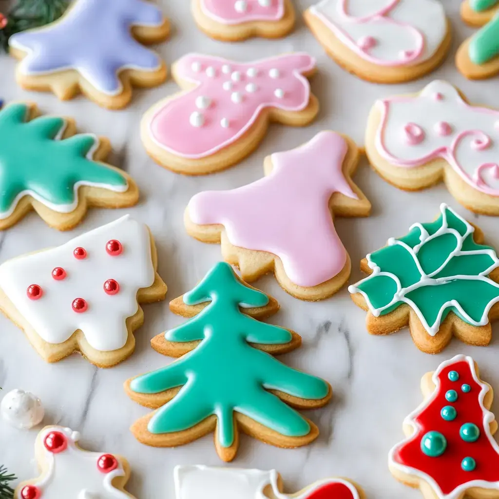 A variety of colorful holiday-themed cookies decorated with icing, featuring Christmas trees, snowmen, and holly designs, arranged on a marble surface.