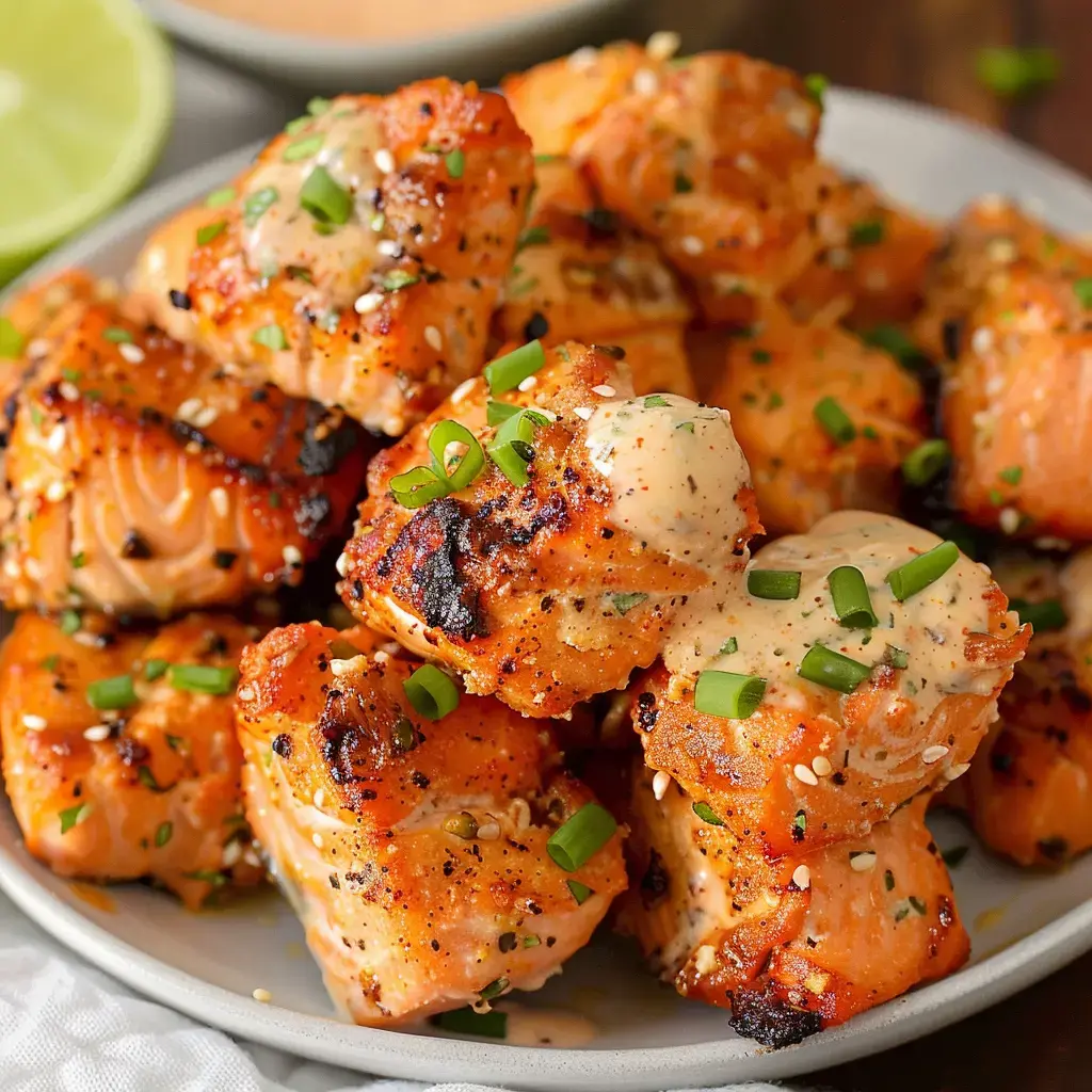 A plate of grilled, cubed salmon garnished with green onions and a creamy sauce.