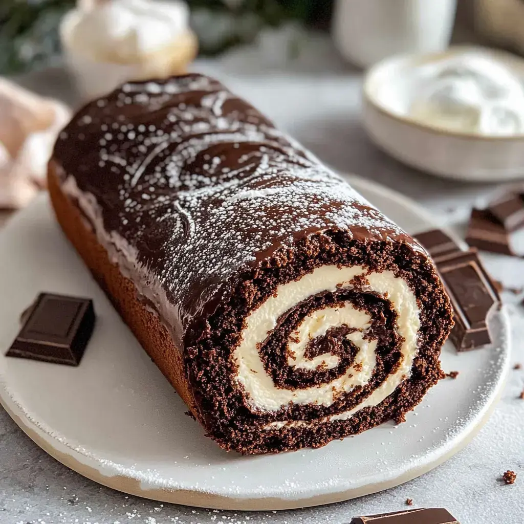 A chocolate roll cake with a creamy filling, decorated with powdered sugar and sitting on a white plate, is displayed alongside chocolate squares.