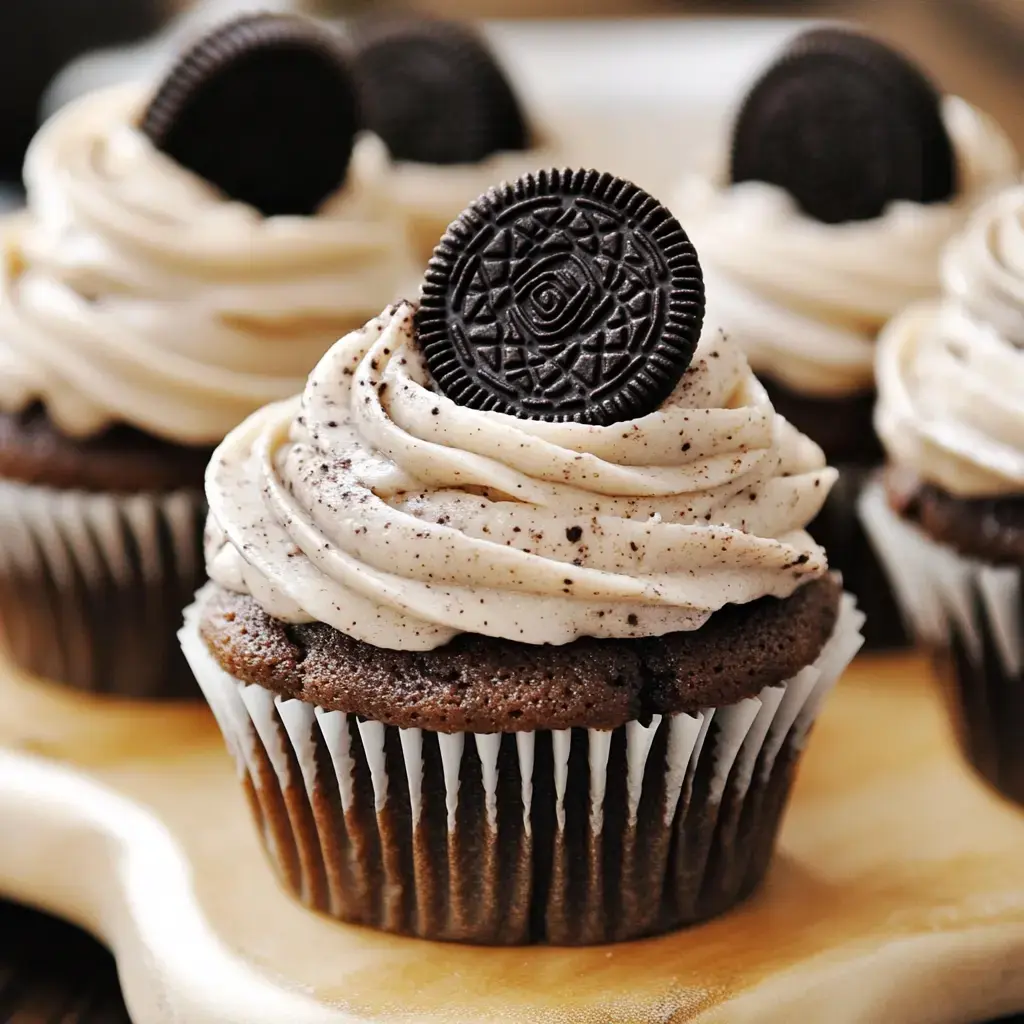 A close-up of chocolate cupcakes topped with swirls of light brown frosting and garnished with an Oreo cookie.