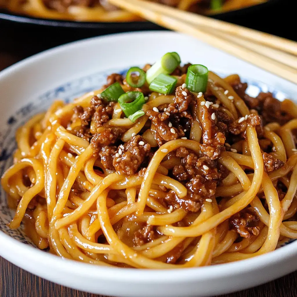 A bowl of noodles topped with ground meat, green onions, and sesame seeds.