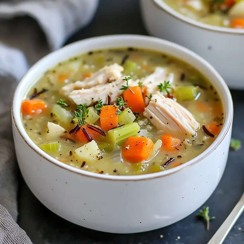 A bowl of chicken soup with vegetables including carrots, celery, and herbs on a dark surface.