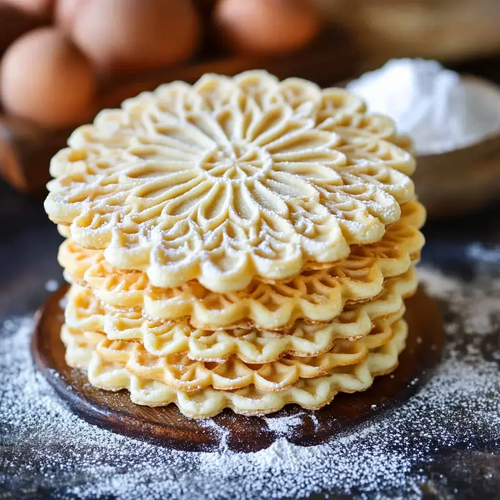 A stack of intricately patterned, golden crispy wafers dusted with powdered sugar, with eggs and flour in the background.