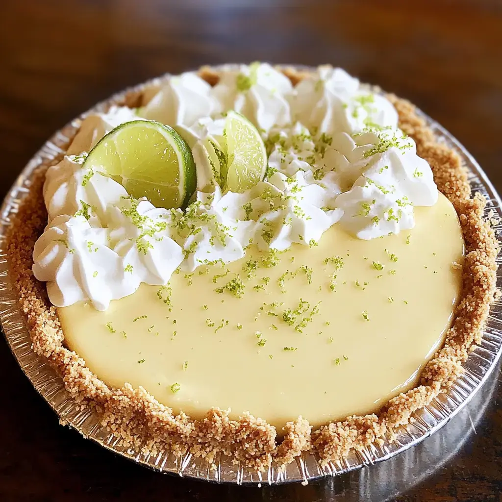 A key lime pie topped with whipped cream, lime slices, and lime zest in a graham cracker crust.