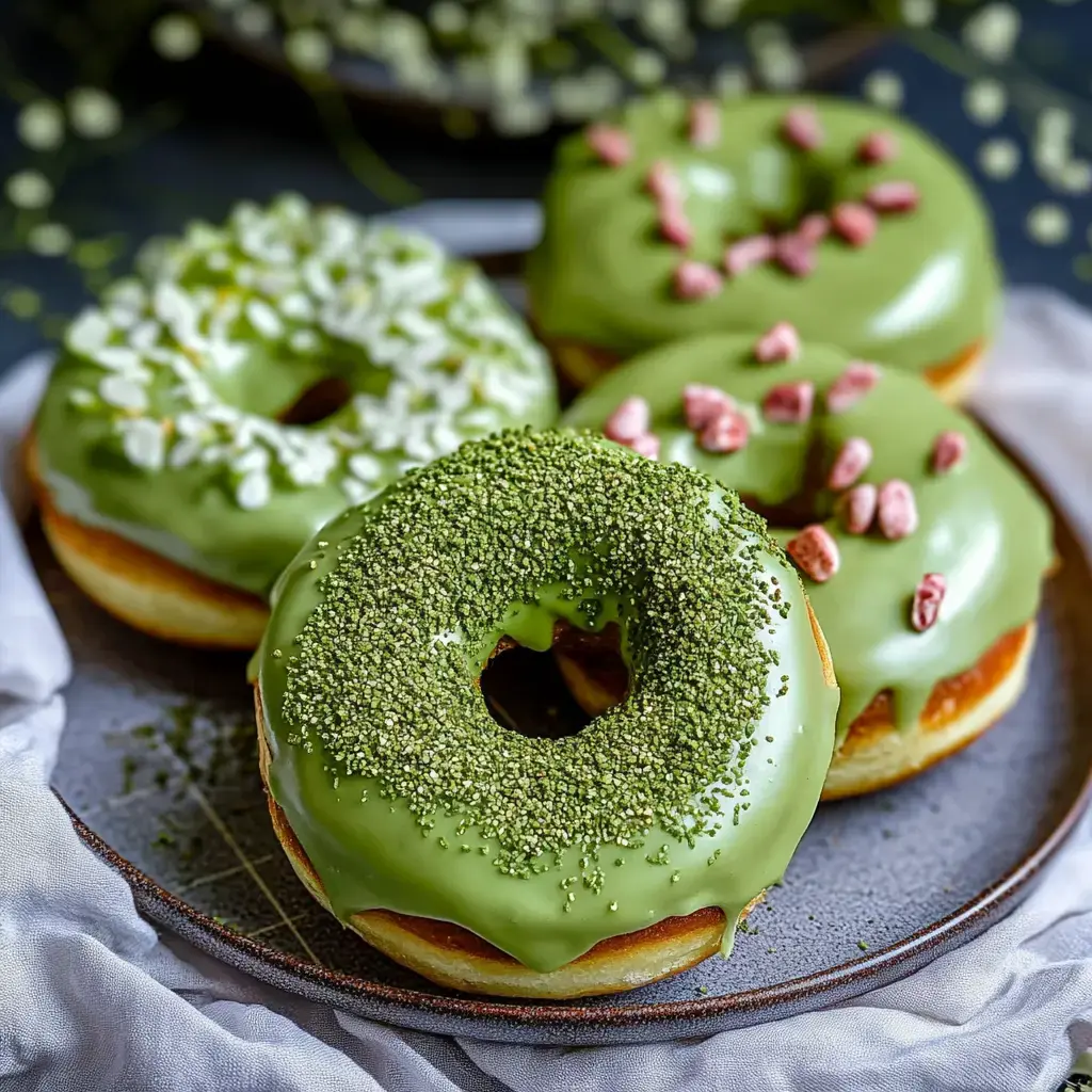 A plate of four green frosted donuts decorated with toppings, including edible flowers and pink sprinkles.