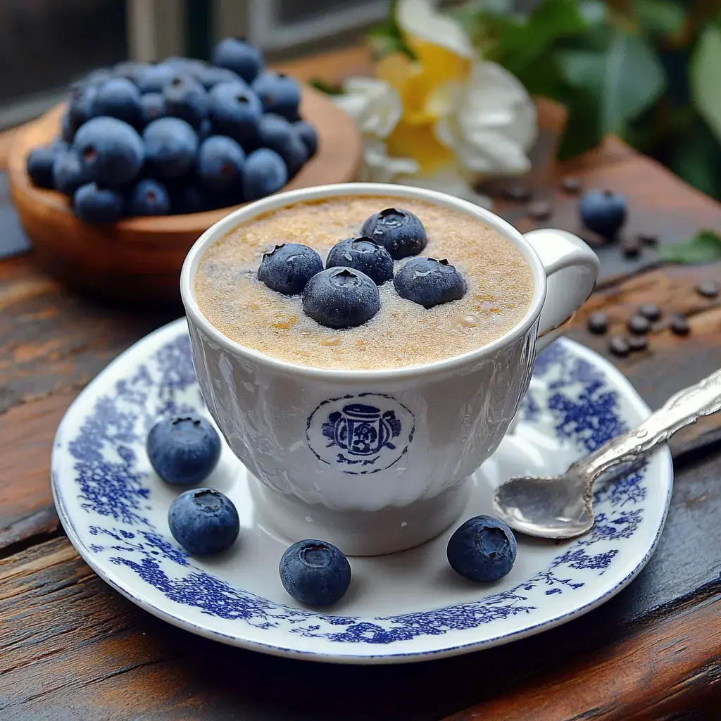 A white cup filled with a creamy dessert topped with fresh blueberries, resting on a blue and white patterned saucer, with additional blueberries and a spoon nearby.