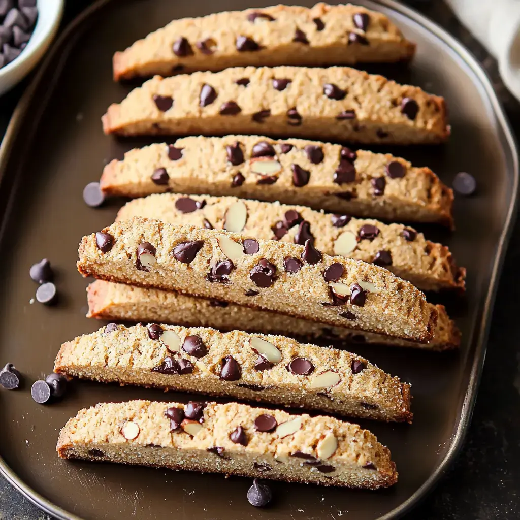 A plate of sliced biscotti topped with chocolate chips and almond pieces.