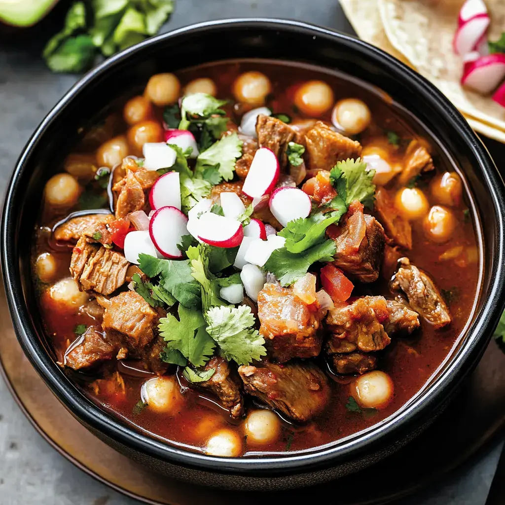 A bowl of hearty beef stew garnished with radishes, cilantro, and onions, served with small round dumplings.