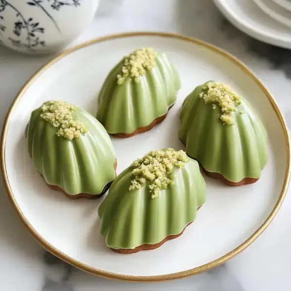 A white plate with a golden rim displaying four green, shell-shaped pastries topped with a crumbly yellow garnish.