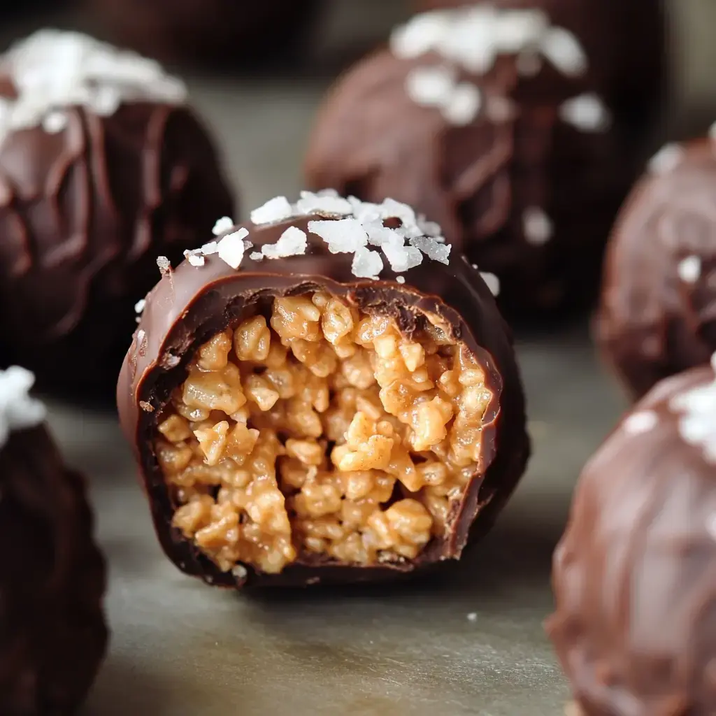 A close-up of a chocolate-coated treat with a crunchy interior, topped with a sprinkle of sea salt.