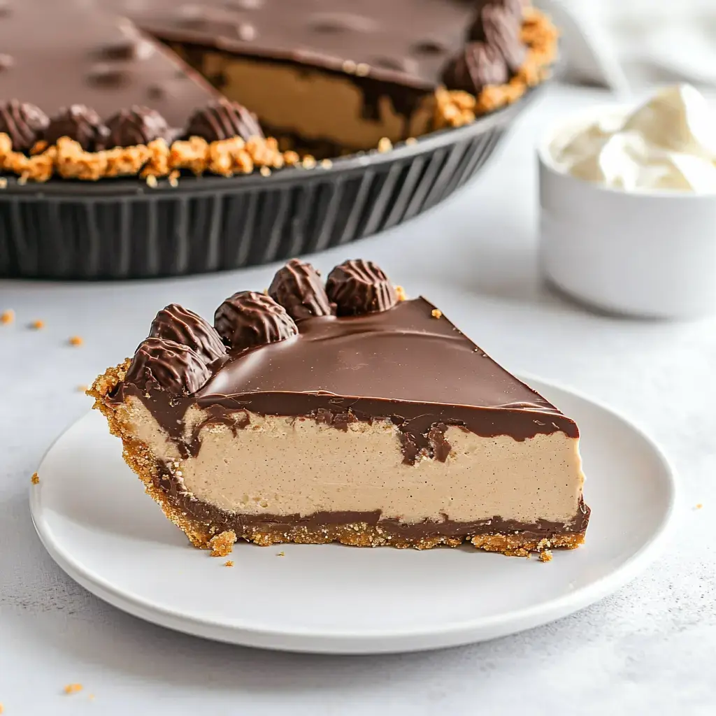 A slice of chocolate peanut butter pie is displayed on a white plate, topped with chocolate candies, with the whole pie visible in the background.