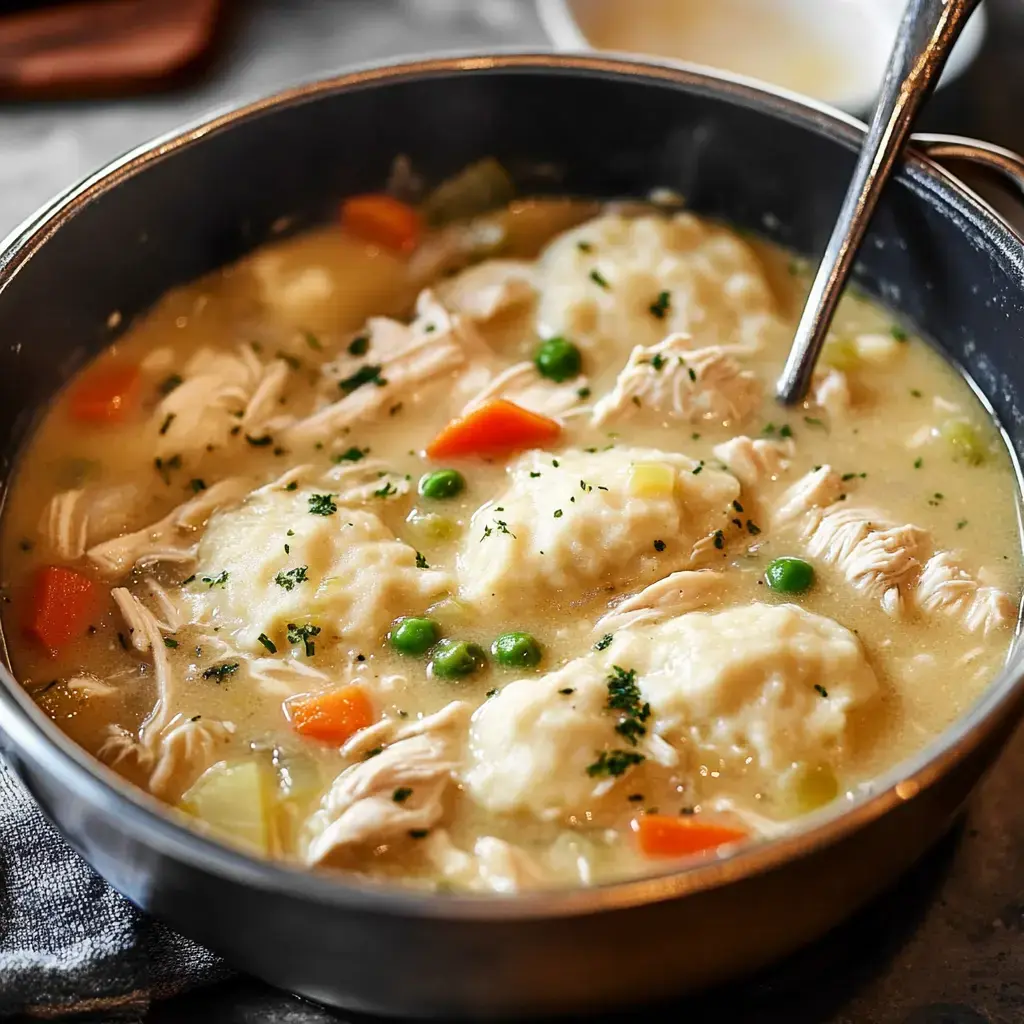 A close-up of a bowl filled with chicken and dumpling soup, featuring tender chicken pieces, vegetables, and fluffy dumplings in a creamy broth.