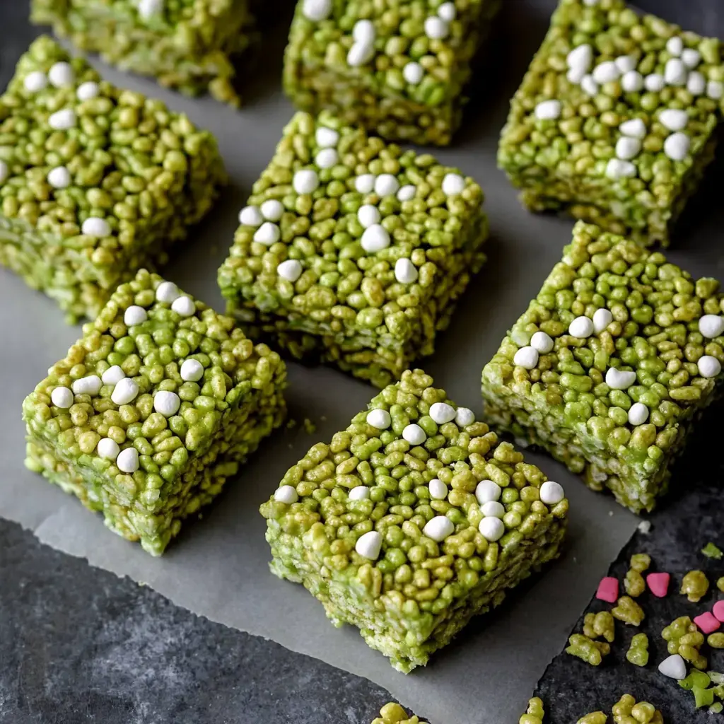 A top-down view of green and white rice crispy treats arranged in a square shape on a dark surface.