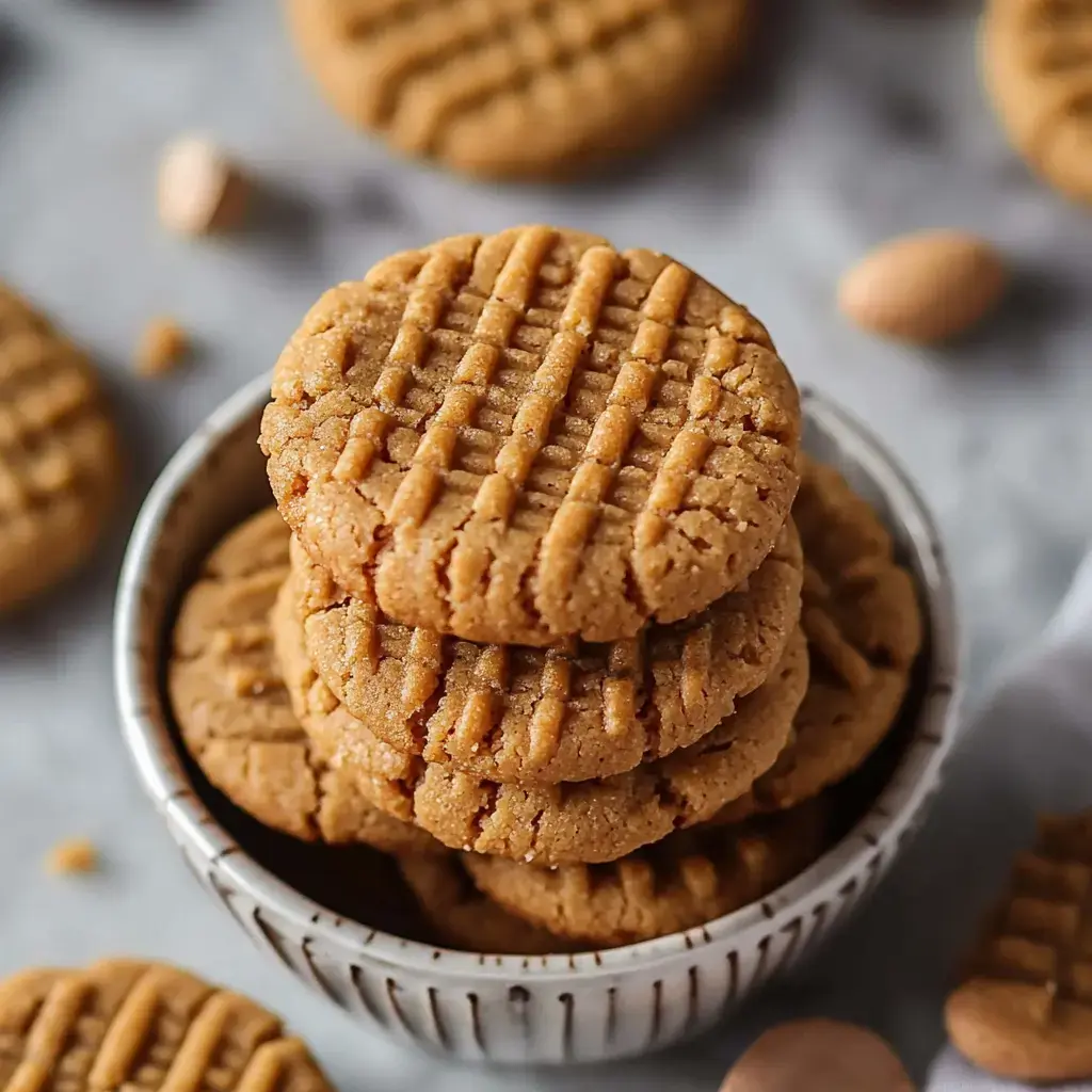 A bowl filled with stacked, textured peanut butter cookies is displayed against a soft background.