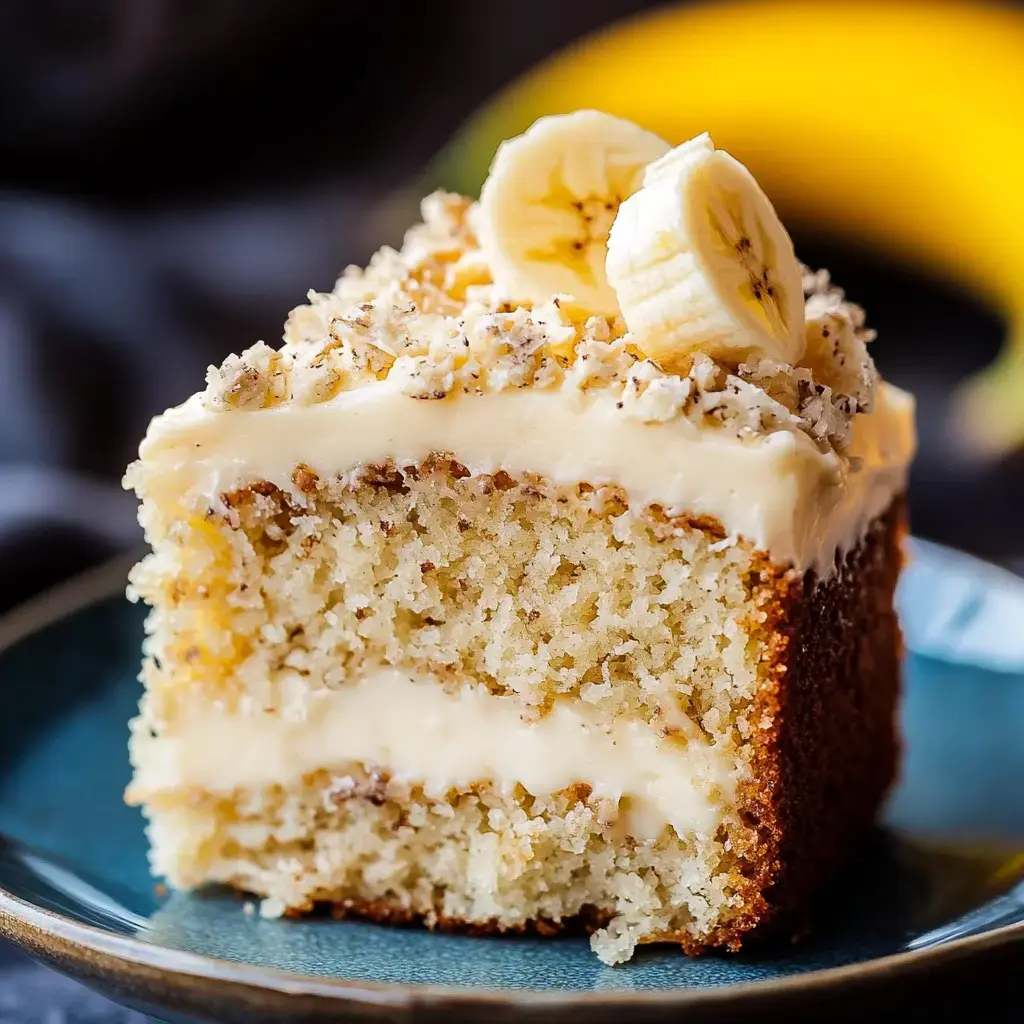 A slice of banana cake topped with cream frosting and banana slices, served on a teal plate with a blurred banana in the background.