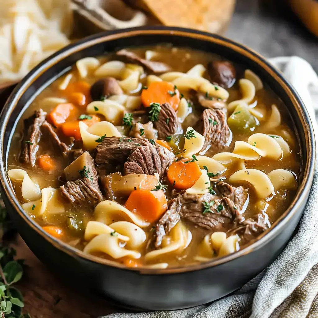 A wooden bowl filled with hearty beef noodle soup containing spiral pasta, chunks of beef, carrots, and herbs.