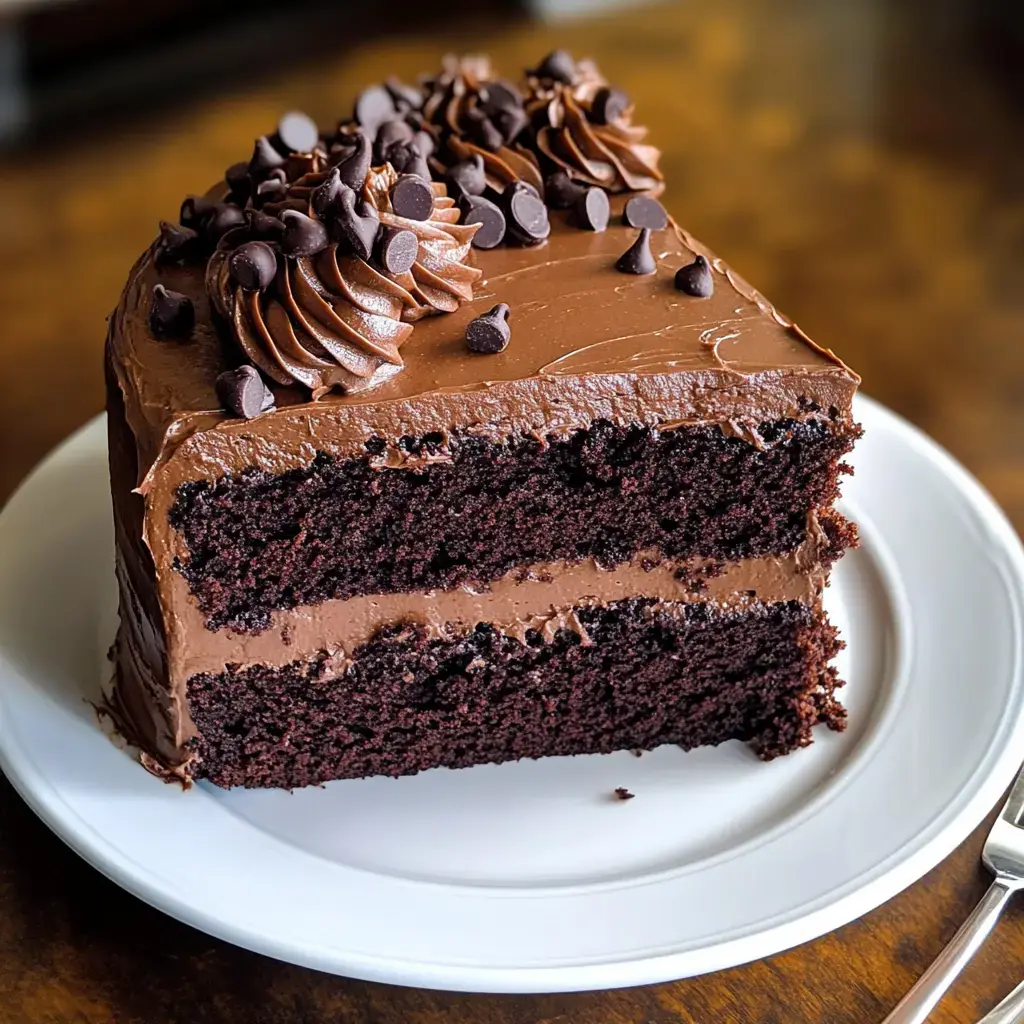 A slice of chocolate cake with chocolate frosting and chocolate chips on top, served on a white plate.