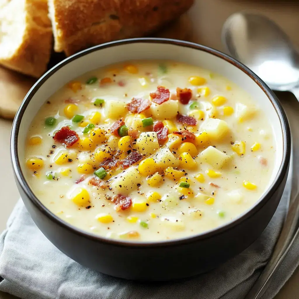 A bowl of creamy corn and potato soup topped with bacon bits and green onions, accompanied by slices of bread.