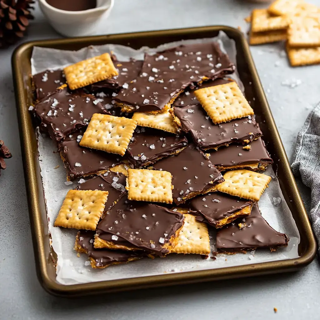 A tray of chocolate-covered crackers is sprinkled with sea salt, with some crackers placed on top, set against a gray background.