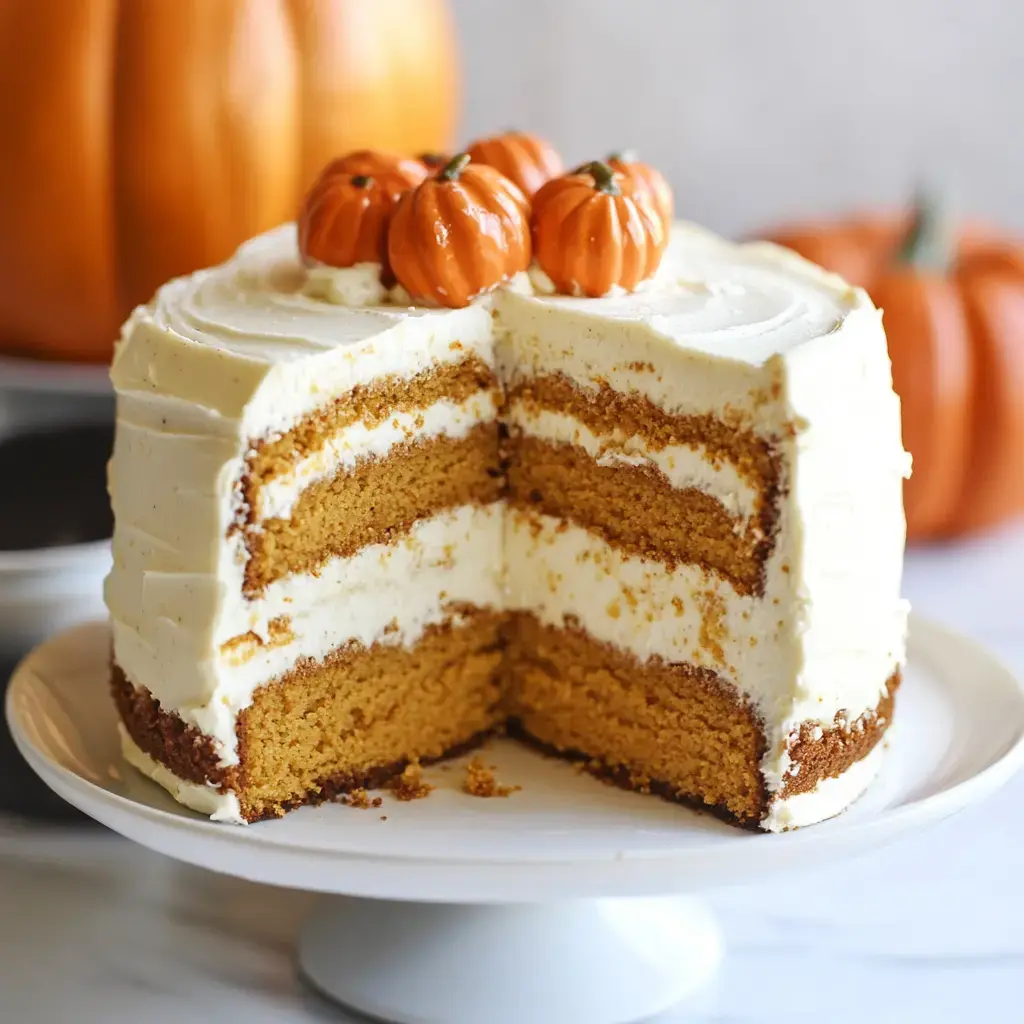 A sliced pumpkin cake with cream frosting and decorative mini pumpkins on top, displayed on a white cake stand.