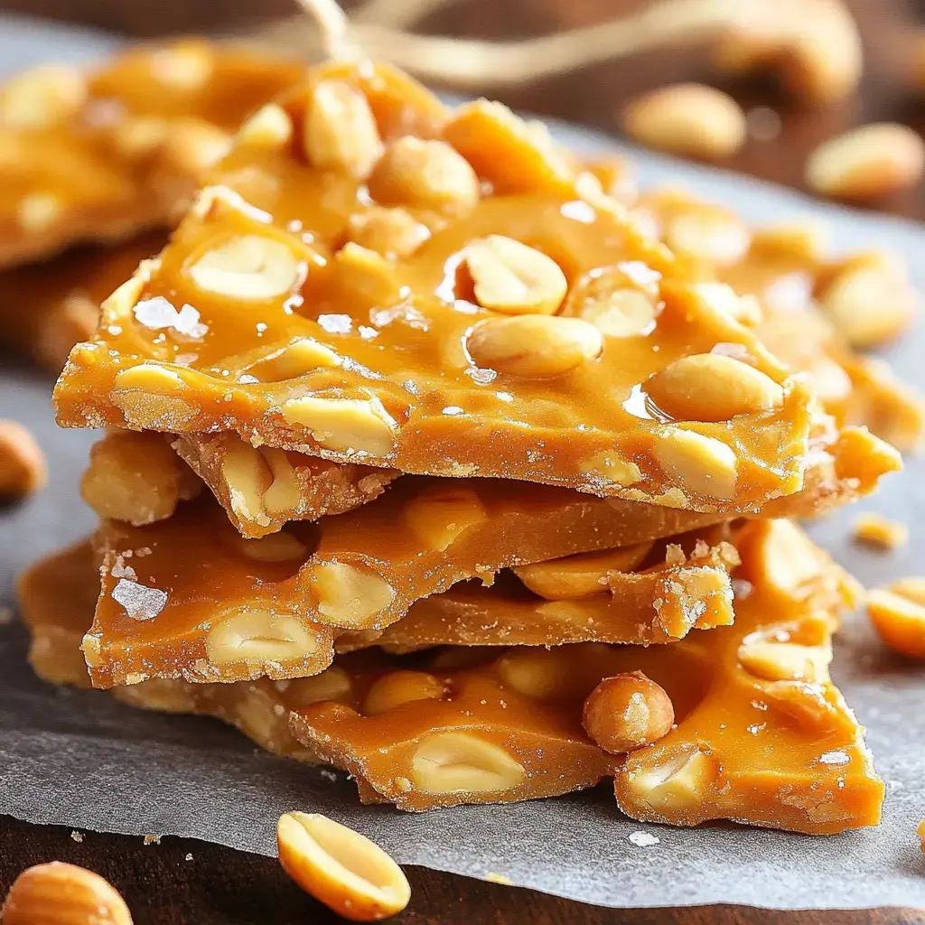 A stack of crunchy peanut brittle pieces sprinkled with peanuts and sea salt on parchment paper.