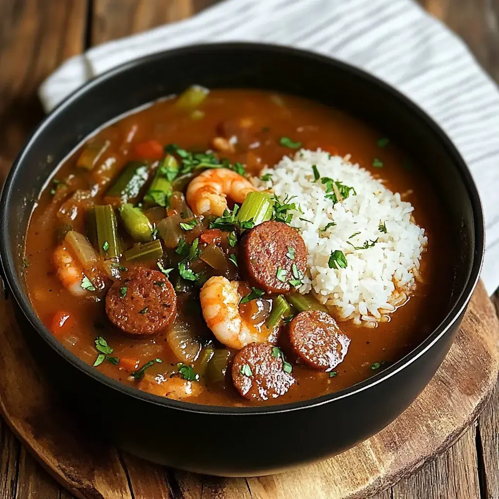 A bowl of shrimp and sausage gumbo served with a side of white rice, garnished with fresh herbs.