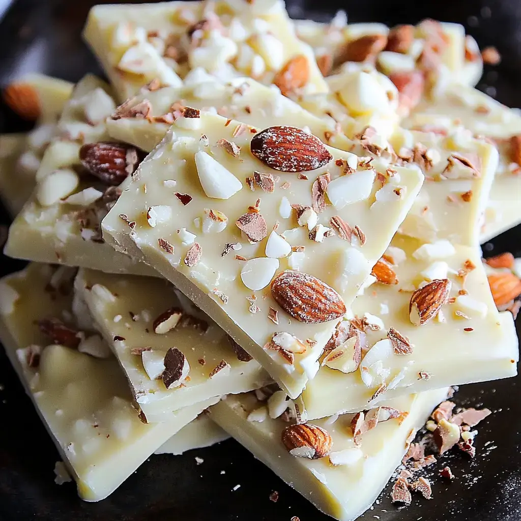 A pile of white chocolate bark topped with chopped almonds and flakes of chocolate is displayed on a dark plate.