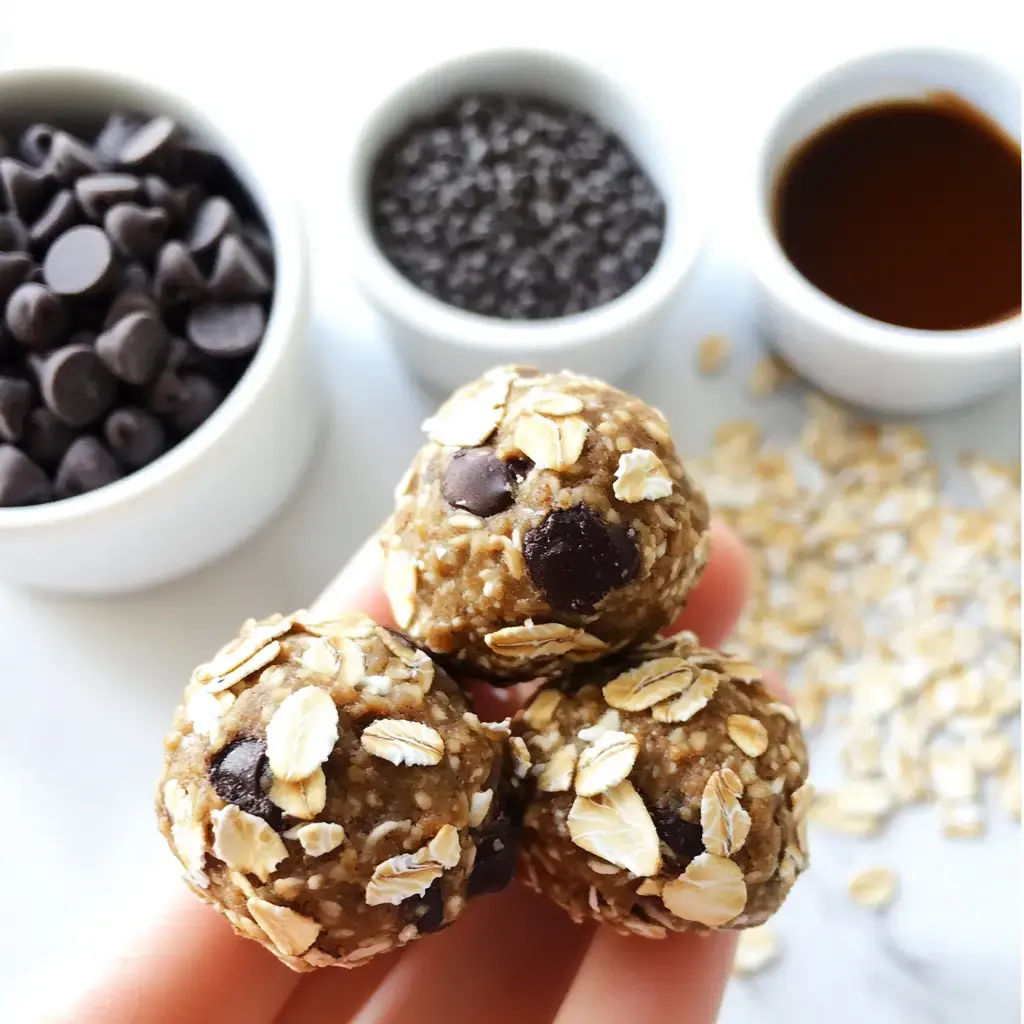 A person holds three energy balls made with oats and chocolate chips, surrounded by bowls of chocolate chips, chia seeds, and a liquid ingredient.