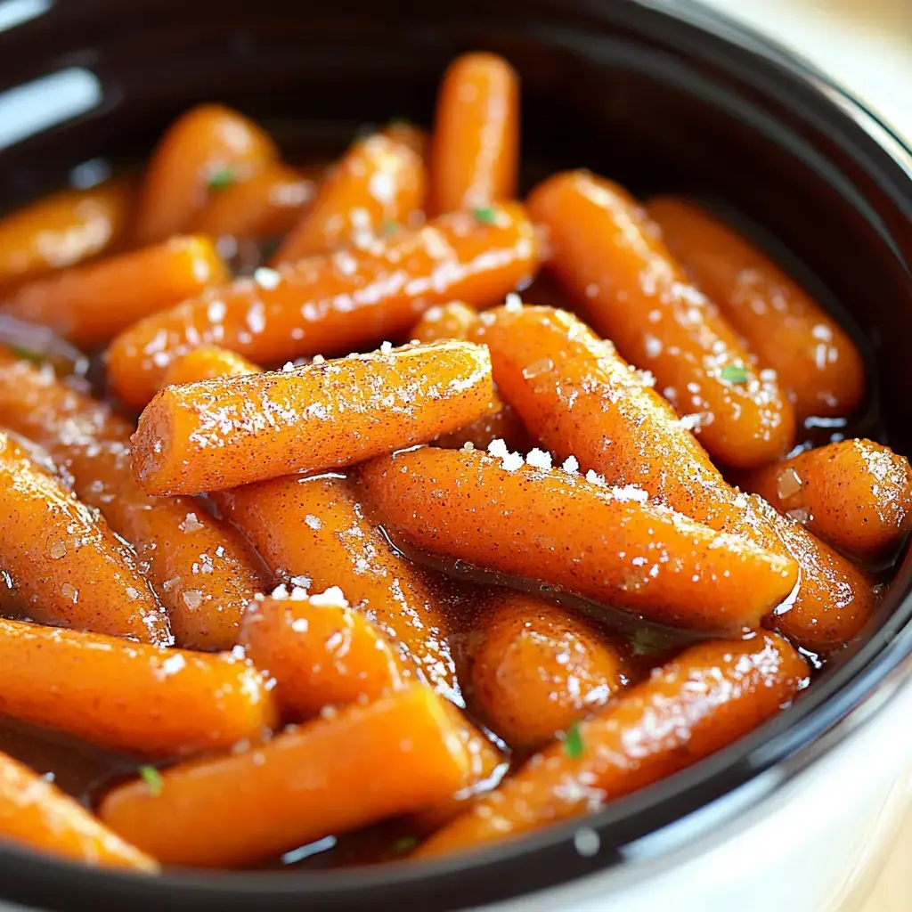 A close-up of glazed baby carrots sprinkled with seasoning in a dark bowl.