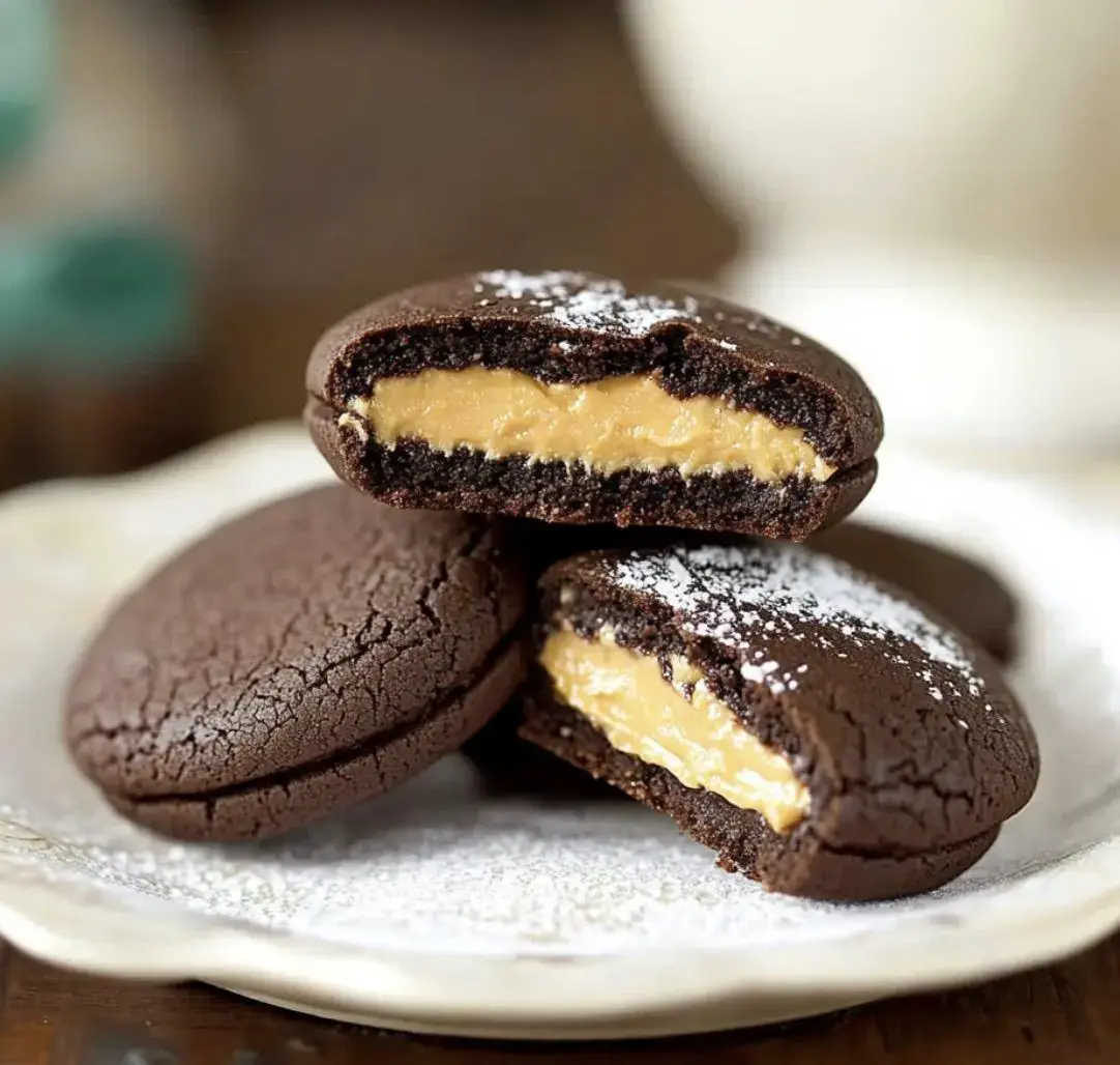 A plate of chocolate cookies filled with creamy peanut butter, dusted with powdered sugar.